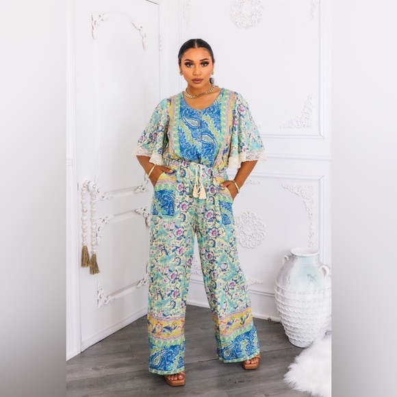 Pants - Paisley Print Jumpsuit in Blue and Yellow
